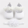 Generic White Floral Mary Jane Shoes With Headband, white baby shoes decorated with fabric flowers and rhinestones, accompanied by a matching headband with fabric flowers.