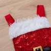 Generic Christmas Romper Sequins Short Romper Skirt, festive holiday-themed romper with sequins, white faux fur trim, red straps, and a decorative belt buckle.