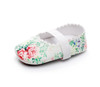 Generic Ballet Flat Soft Sole PU Leather Shoes, white ballet flat with pink and green floral print and elastic strap for girls