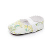Generic Ballet Flat Soft Sole PU Leather Shoes, white ballet flat with yellow and green floral print and elastic strap for comfort.