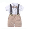 OONA Short-Sleeve Romper Short Suit with Hat, white shirt with small printed patterns, beige shorts with suspenders and a bow tie