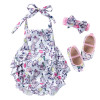 Generic Easter Egg Backless Romper Set, features a white romper with pastel-colored Easter egg and bunny print, ruffled details, matching pink shoes, and a pink and white bow hair accessory.