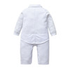 White Tuxedo Boy Cotton Romper, front view of a baby's formal white tuxedo romper with long sleeves and matching pants.