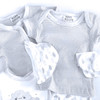 Generic Cloud Layette Set 10 Piece, collection of baby clothing including striped and cloud patterned onesies and mittens.