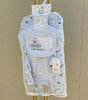 Generic Neutral Polar Bear Layette Set 5 Pieces, baby layette set including a bib with polar bear and text 'No Cookies? I Can't Bear It', baby onesie, and matching hat, in white and pastel colors, displayed in packaging.