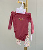 Generic Floral Layette Set 4 Pieces, infant clothing display with a pink long-sleeve bodysuit featuring floral embroidery and ruffled shoulder details, paired with floral print pants.