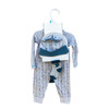 Generic Little Fox Layette Set 4 Piece, baby clothing and accessories including a patterned jumpsuit, matching hat, socks, and a bib, all in coordinated blue and gray colors.