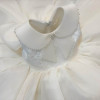 OONA Grace White Bouffant Dress, close-up of the elegant white dress with lace details and pearl embellishments on the collar.