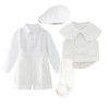 OONA John White Suit, elegant white baby boy suit with a vest, shorts, shirt, hat, and socks.