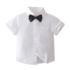 OONA Mike Short Suite Suspender, white short-sleeve shirt with a black and white polka dot bow tie.