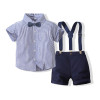 Toddler Boys Striped Blue Shirt Bow and Suspender Set Semi-Formal Kids Navy Blue Suspender Short |OONA Kids