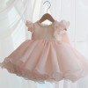 OONA Hazel Bouffant Dress, elegant pink toddler dress with ruffled sleeves and pearl neckline, perfect for special occasions.