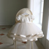 Elegant Off-White Girl Dress Short Sleeve Bouffant Tulle Skirt Satin Strip Pearl on Top |OONA Kids