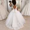White sleeveless satin flower girl dress with princess-inspired styling