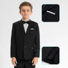 Minnie Me Wedding Suits for Young Boys, a formal black suit with a white shirt and black bow tie, featuring close-up views of the suit's pocket details.