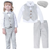 Minnie Me Albert Suit Formal Set for kids, includes a light grey vest with buttons, a white long-sleeve shirt, matching grey trousers, a grey bow tie, and a grey flat cap, suitable for special occasions or formal events.