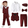 Minnie Me Albert Suit Formal Set, a children's formal clothing set including a white shirt, maroon vest, matching pants, bow tie, hat, and vest displayed on a young girl with a white background.