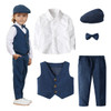 Minnie Me Albert Suit Formal Set, a stylish children's formal outfit including a white shirt, blue vest with buttons, matching blue pants, and accessories like a blue beret and bow tie, perfect for special occasions.