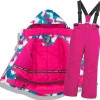 Minnie Me Windproof Kid Skiing 2pcs Suits, colorful ski jacket with hood and matching pink snow pants with suspenders for children