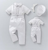 Minnie Me Liam Suspender Set, white formal baby boy outfit with shirt, suspender pants, hat, and headband