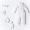 Minnie Me Nicolas Suspender Set, baby girl's white formal outfit consisting of a white shirt, suspenders, pants, a bow tie, and a onesie, perfect for special occasions.