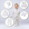 Minnie Me Charlie Baptism Suit, baby boy wearing a white baptismal outfit with accessories shown in circular insets including a hat, vest, shirt, pants, and shoes.