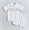 Minnie Me Mateo Formal Short Set, white short-sleeve shirt with a Peter Pan collar and decorative embroidery, paired with matching white shorts with elastic waistband.