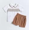 Minnie Me Mateo Formal Short Set, white short-sleeve shirt with embroidered detail and a brown Peter Pan collar paired with tan elastic-waist shorts.