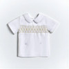 Minnie Me Mateo Formal Short Set, white short-sleeve shirt with embroidered detail and decorative buttons.