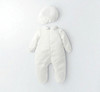Minnie Me Rocky White Romper With Hat, white baby romper with matching hat laid flat on a light background.