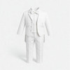 Minnie Me Jack Christening 5-pcs Set, white boys' formal suit with jacket, trousers, shirt, bow tie, and vest for baby boys' christening or baptism.
