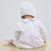 Minnie Me Austin Silver Cross Embroidery Set, white baby dress with hood and embroidery details.
