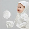 Minnie Me Austin Silver Cross Embroidery Set, baby girl in white baptism outfit with hood, embroidery details of cross and swirl pattern, soft satin fabric.