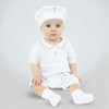 Minnie Me Dutton Christening Romper Set, adorable baby boy in white christening outfit with a matching hat featuring a cross embroidery, sitting on a plain background.