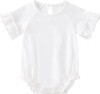 Minnie Me Cotton Romper Neutral, white baby romper with ruffled short sleeves and elastic leg openings.
