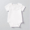 Minnie Me White Romper Cotton Essential, a baby's white cotton romper with ruffled collar and short sleeves on a light grey background.