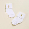 Minnie Me Marcus 5-Piece Infant Baptism Set, white baby socks with gold embroidered cross on the cuff, suitable for baptism occasions.