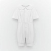 Minnie Me Eric Baby Boy Christening Romper Set, white short-sleeve romper with Peter Pan collar and button-down front.