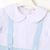 Minnie Me Eric Baby Boy Christening Romper Set, white romper with pastel blue suspenders and a Peter Pan collar, designed for a baptism or special occasion.