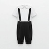 Minnie Me Eric Baby Boy Christening Romper Set, stylish black and white romper with suspenders and a white collar for a baby boy.