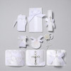 Minnie Me Baptism 5 PCS Candle Set, white baptism candles and accessories with ribbons and cross decorations.