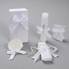 Minnie Me Baptism 5 PCS Candle Set, white religious themed candles and accessories with bows, pearls, and cross embellishments.