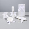 Minnie Me Baptism 5 PCS Candle Set, white candles with bows, cross, and pearl accents, including a gift box with a satin ribbon for baptism celebration.
