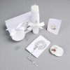 Minnie Me Catholic Baptism Candle Set, white candle with lace and bow, Christian symbols, and religious accessories for baptism ceremony.