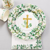 Minnie Me Baptism Decorations Plates and Napkins, green and gold themed plates with a gold glitter cross and green foliage design, include matching napkins and cups for a baptism celebration.