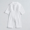 Minnie Me Long Sleeve Romper with Bowtie for Special Events, white long sleeve romper with elastic waistband and bowtie detail.