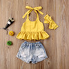 Strap Ruffle Tops Ripped Denim Short Pants