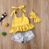 Strap Ruffle Tops Ripped Denim Short Pants
