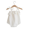 OONA White Bowknot Sleeveless Romper, adorable baby girl's sleeveless romper with bowknot straps and ruffle detail on the chest, made of soft fabric for comfort.