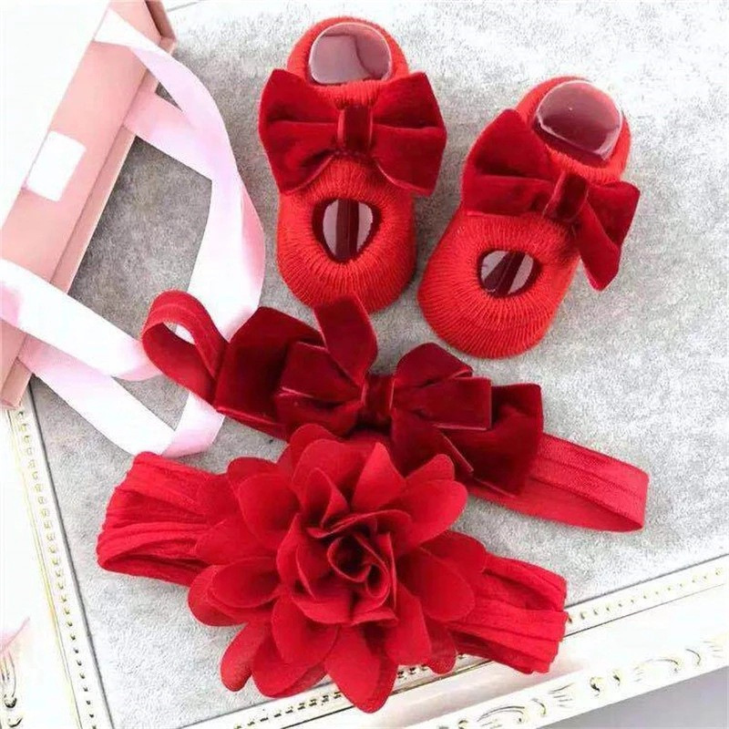 3pcs Set Baby Girl Red Flower Bow Hair Bands With Socks